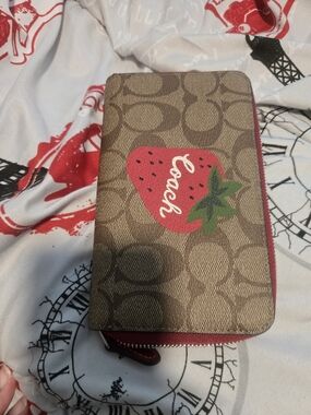 Coach Signature Canvas Strawberry Zip Wallet - Brown & Red